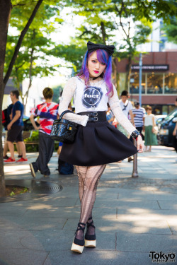 tokyo-fashion:Lisa13 - guitarist of the Japanese rock band Moth in Lilac - on the street in Harajuku wearing a FUCT tank with Tokyo Bopper platforms, a Chanel bag, and band gear from Motionless in White and Moth in Lilac. Full Look