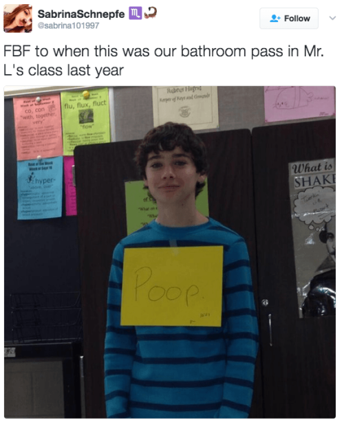 thebbwnextdoor: helloitsbees:  daemonmatthias:  bushy-haired-know-it-all:   jumpingjacktrash:  littlemisscodeless: …But why do you need an object to go to the bathroom? Does it unlock the magic bathroom door? a hall pass is a thing you can show to school