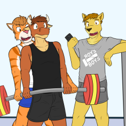 Joe helping Ty out by spotting him while he’s doin’ a lift, Roy taking a video because that’s ridiculous.  Joe’s a team mate from football while Roy owns a local gym.  He’s trying this membership deal with a free shirt, but it’s not working