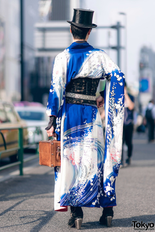 tokyo-fashion: Karumu on the street in Harajuku wearing a vintage Japanese kimono with a ruffle top,