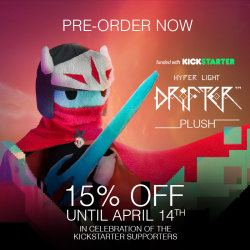 welovefinetees:  The Hyper Light Drifter plush is available for pre-order now! As a celebration of the Kickstarter backers he is 15% off until 4/14/16! Get your very own Drifter here: http://www.welovefine.com/feature/the-drifter.html 