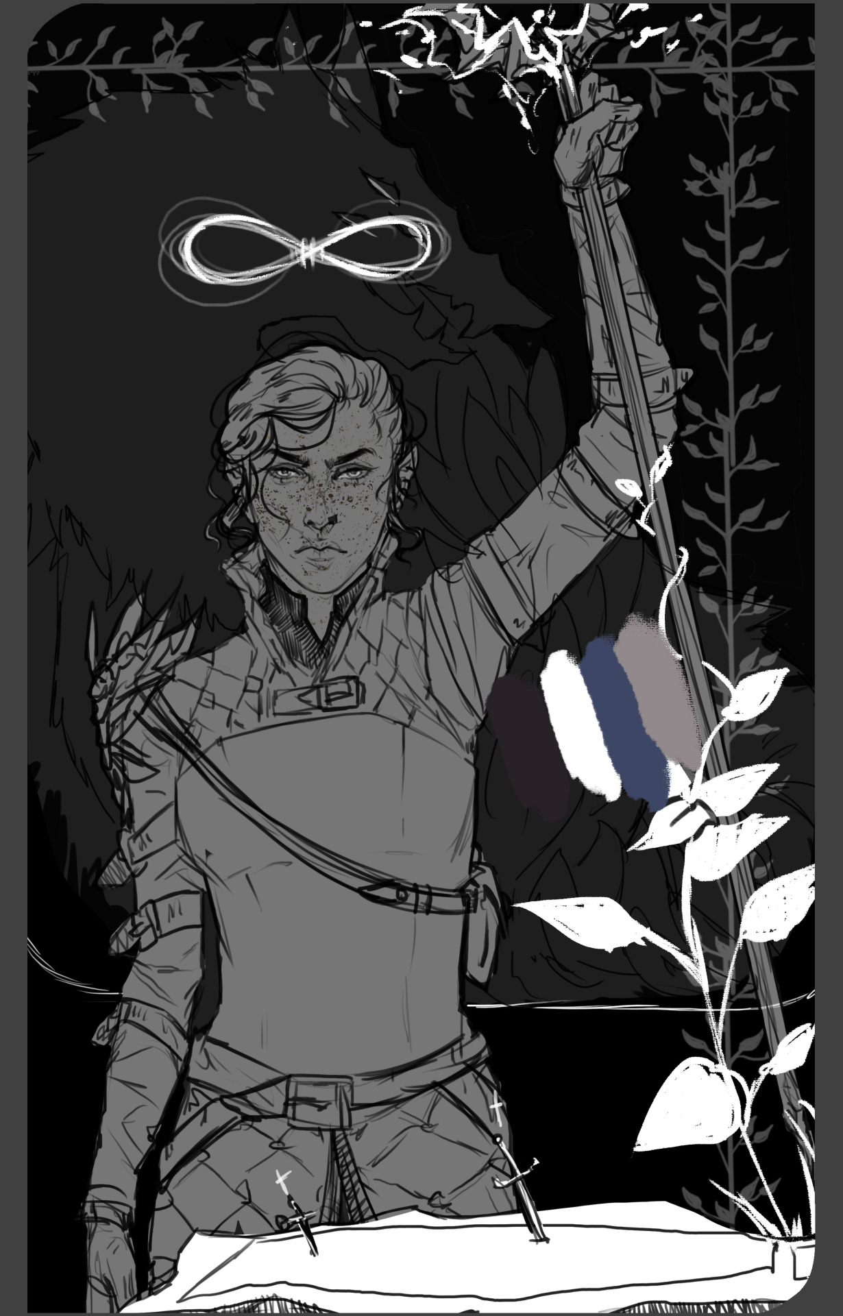 Tarot card commission of a character named Aliena Surana (plus a WIP)