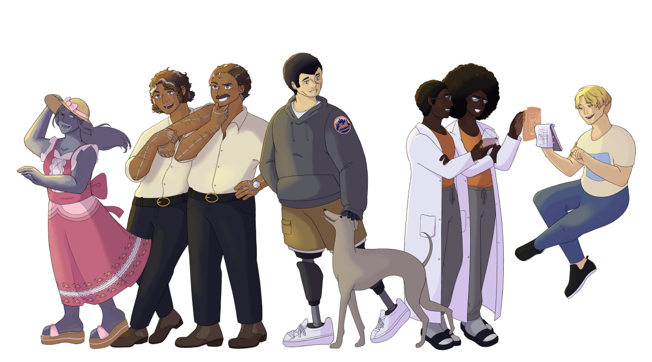 All of the previous drawings of the characters in their various casual clothes are lined up. They now stand close together, still without their flowers behind them.