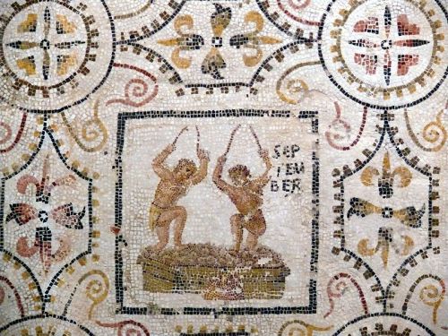 honorthegods:September Fragment of a mosaic with the months of the year. First half third century CE