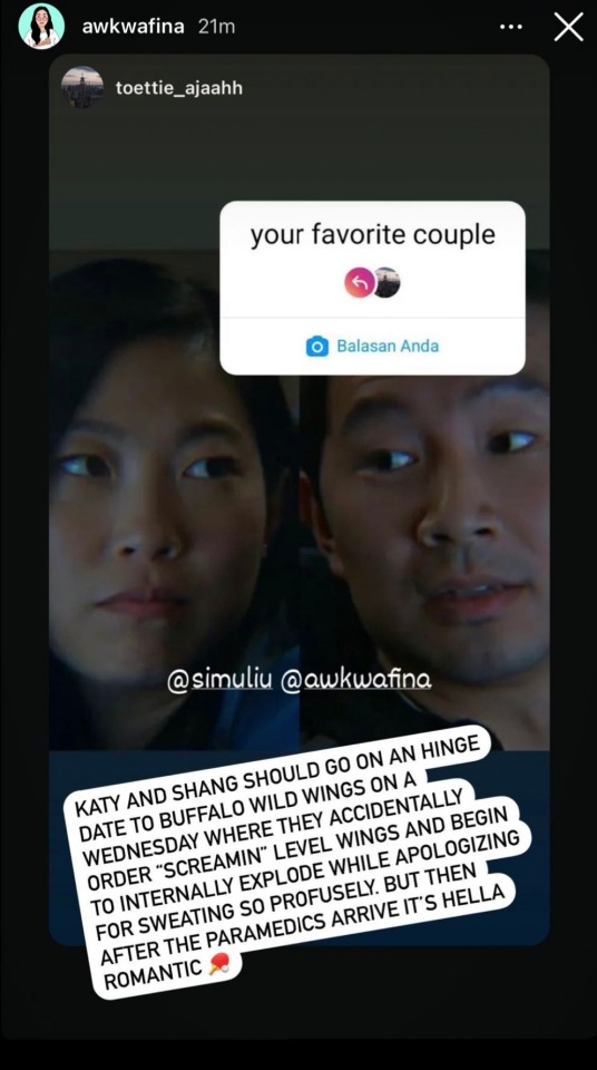 #neverforget Awkwafina’s ig story 11.23.2021 (screenshot by   @binibiningnora)there’s a fanfic (Unhinged by Simus_Dinner_Plate_Pecs)   based on this ig story written  and it’s so cute!!!!  #shang chi x katy #shaunty #shaun x katy #shangty#scatlottr#shangty fanfic#shaunty fanfic#awkwafina#simu liu