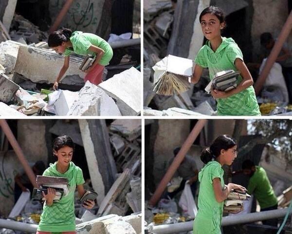This is a picture of a young girl in palestine looking for her books among the rubble