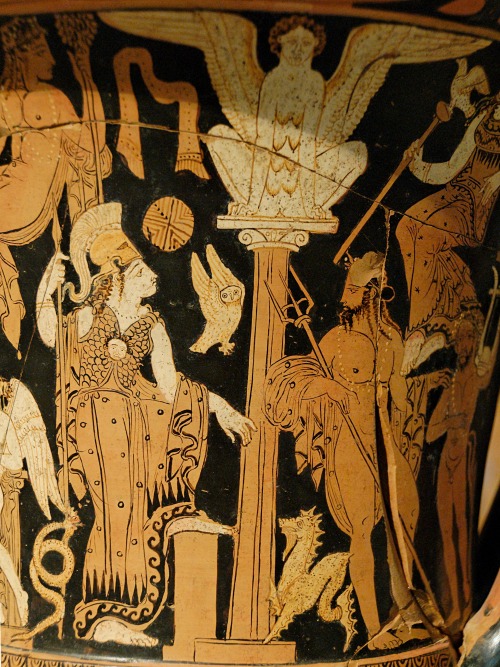 Athena and Poseidon.  Side A of a Faliscan red-figure volute-krater, attributed to the Nazzano 