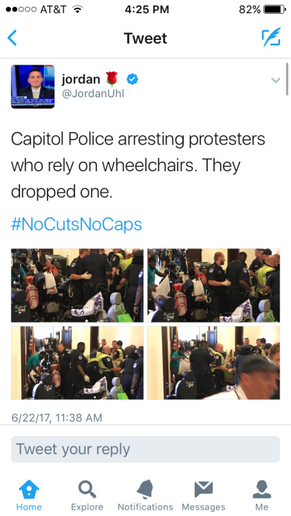 progressivefriends:  mysticben: Disabled and chronically ill Americans protesting the repeal of the affordable care act today outside senate majority leader Mitch McConnell’s office, June 22nd. The response? Capitol police violently moving them as always.