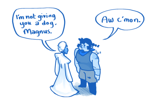 sicklydoodles:Magnus engages in a compelling debate with Lucretia. [image description: monochromatic