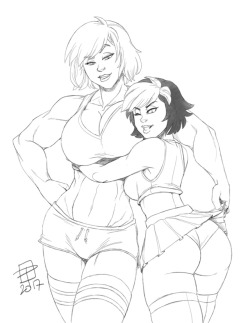 callmepo:  Sketch commission for Odie of Power Girl and Gogo admiring each others best assets.