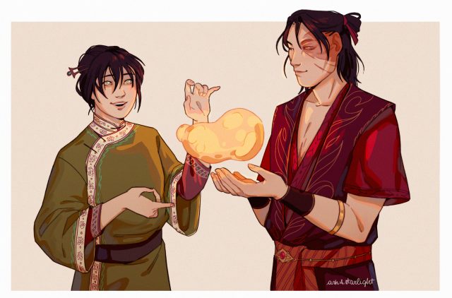 drawing of toph and zuko, toph is smiling and using earthbending to sculpt a ball of molten glass floating midair, that is being heated up by zuko