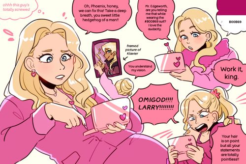 autismcupcake:ministarfruit:elle woods plays ace attorney [ID: several drawings of Elle Woods from L