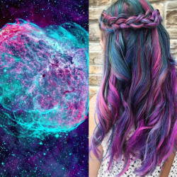 sixpenceee:   Galaxy Hair Taking inspiration from the cosmos, people are dyeing their hair to  mimic the vibrant beauty of the vast universe—including nebulas, the  Aurora Borealis (Northern Lights), and many more intergalactic  phenomena. (Source)