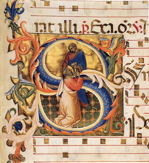 Christ hands St. Peter the keys to the Kingdom of Heaven.  Illumination by Lorenzo Monaco from an an