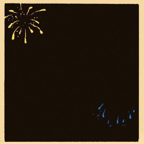 a second animated drawing in the same style, this one showing an array of fireworks bursting into sparks. some are yellow, some blue and red. the reddish-black background and light border around the edge suggest an old polaroid photograph.