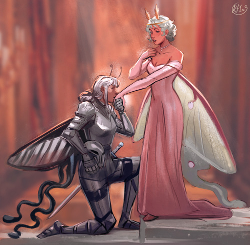 bisexualbaker:kf1n3:Moth princess and her butterfly knight [Image: Digital painting of a humanoid pr