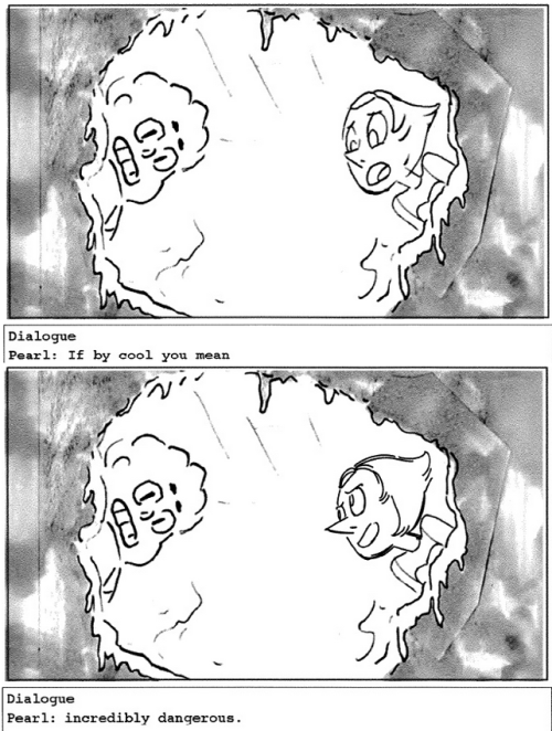 A collection of omitted dialogue from the Steven Universe storyboards. Specifically, these are ones that span 2 or more panels. Single panel collection can be found here. Contains board panels from:  Gem Glow - by Joe Johnston & Jeff LiuFrybo - by