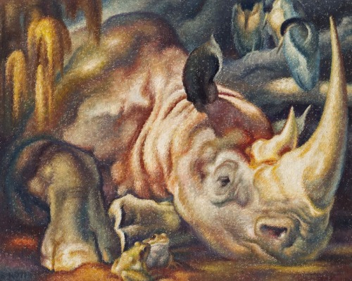 Norbertine Bresslern-Roth, Rhinozeros, 1970. Oil on burlap. Im Kinsky