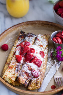 sweetoothgirl:  Lemon Ricotta Cheese Stuffed French Toast Crepes with Vanilla Stewed Strawberries     Mmmm