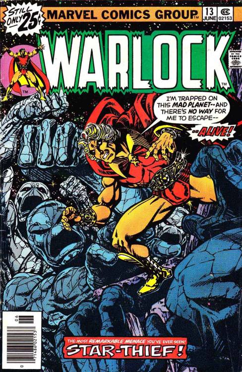 70sscifiart:Warlock #9-15 cover art collection, all by artist Jim Starlin from 1975 to 1976. I bough