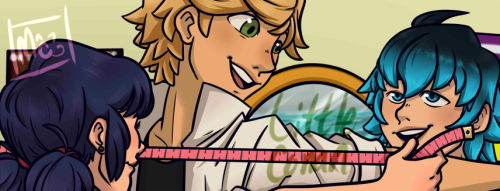 Preview for my @adrienagrestezine piece! What could Marinette and Luka be helping Adrien with? :3c P