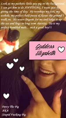 goddess-elizabeths-property:  I am honored to be your humbled servant Goddess Elizabeth   Follow my favorite slave boy!  Help me humiliate him!  Reblog his photos!  xoxo, Goddess Elizabethhttp://goddess-elizabeths-property.tumblr.com/