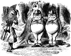 the-disney-elite:    John Tenniel’s original illustrations of Tweedledee and Tweedledum, as they appeared in Lewis Carroll’s   Through the Looking Glass (And What Alice Found There)   (1871).