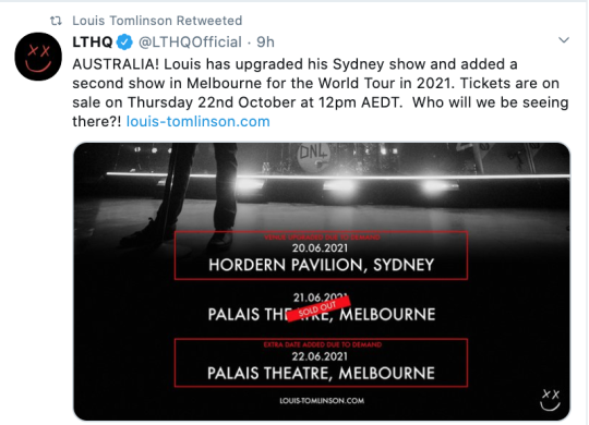 Louis retweeted LTHQ tweet about Australia venue change and extra date - 19.10