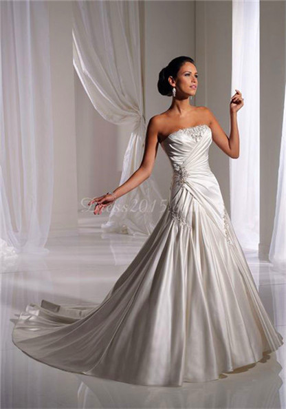 weddingdressse-house:satin strapless applique Lace-up Back chapel train wedding dress