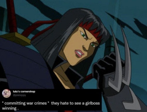 a screenshot of 2003 Karai edited with a tweet by @pixisippy: "* committing war crimes " they hate to see a girlboss winning ."
