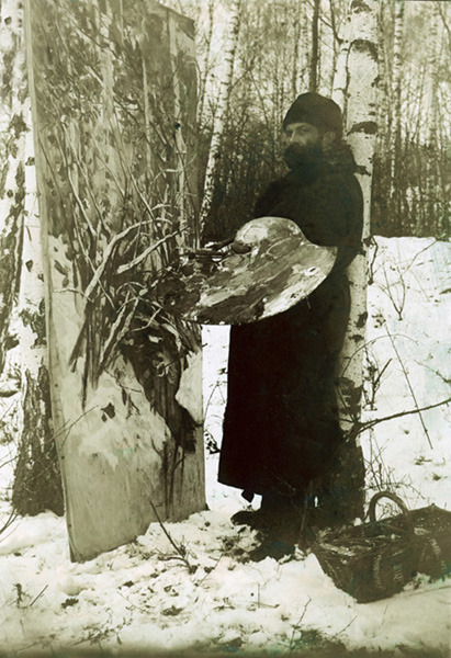 Karl Hagemeister (1848-1933) malend im Schnee im Birkenwald, um 1898; Bröhan-Museum, Berlin. "S