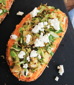 beautifulpicturesofhealthyfood:Sweet Potato Hummus Tartine with Toasted Brussels Sprouts and Goat Cheese…RECIPE