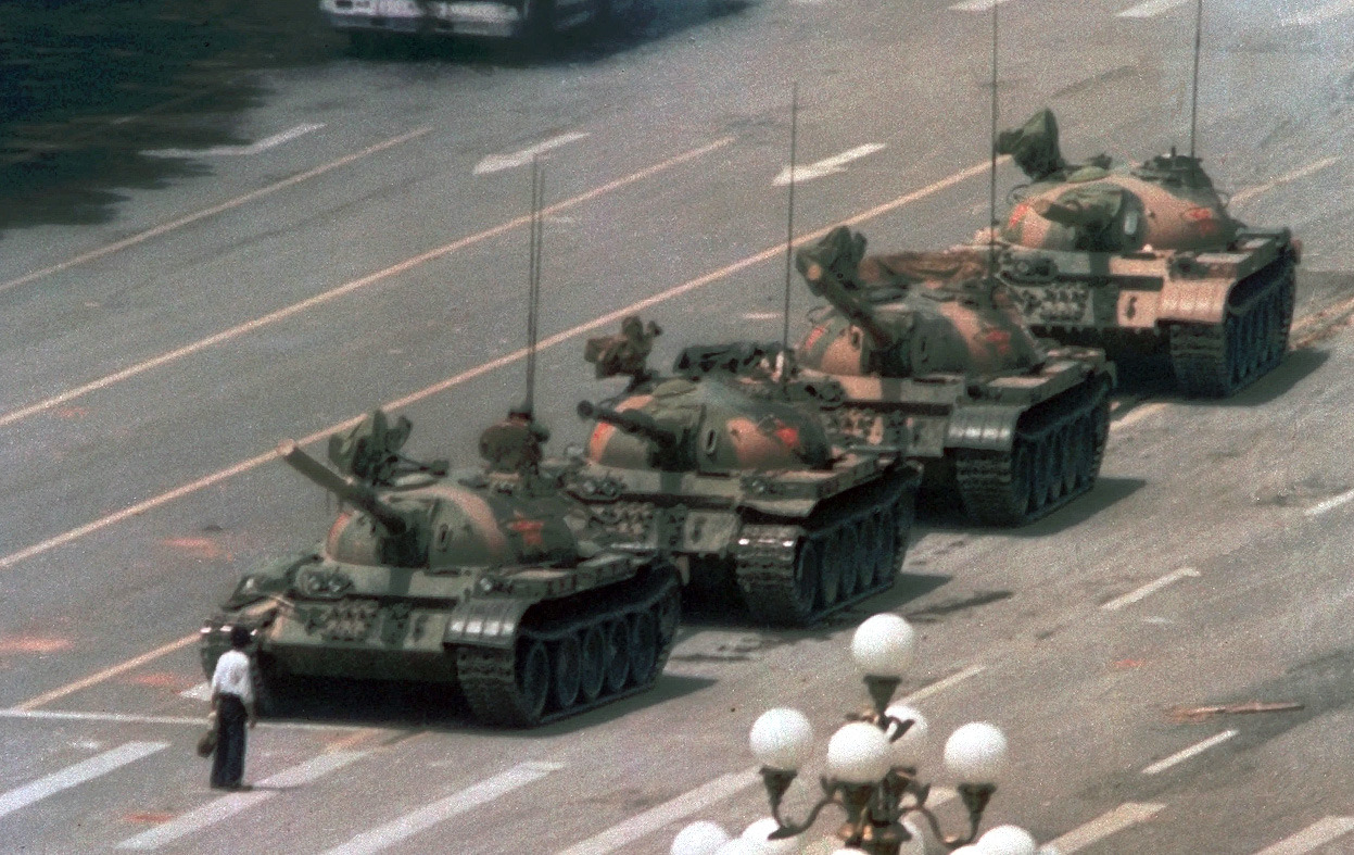 From Tiananmen Square, 25 Years Ago, one of 44 photos. A Chinese man stands alone to block a line of tanks heading east on Beijing’s Cangan Boulevard in Tiananmen Square, on on June 5, 1989. The man, calling for an end to violence and bloodshed...