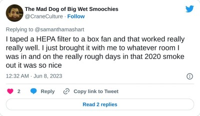 I taped a HEPA filter to a box fan and that worked really really well. I just brought it with me to whatever room I was in and on the really rough days in that 2020 smoke out it was so nice

— The Mad Dog of Big Wet Smoochies (@CraneCulture) June 8, 2023