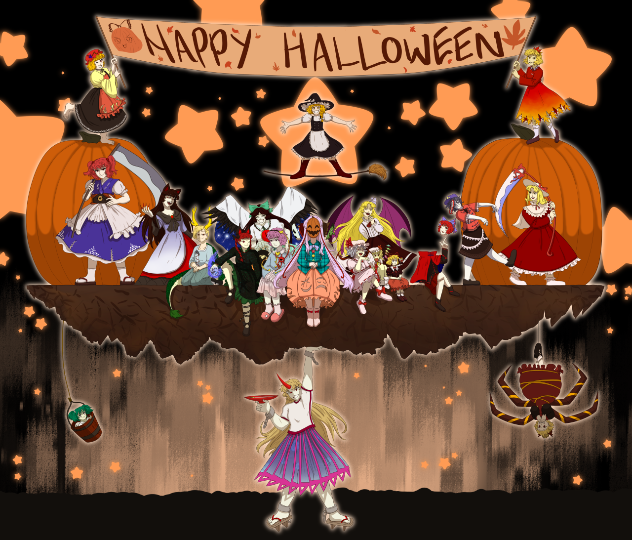 A little late, but I finished my art for Halloween.  Featuring a collection of Touhou characters that i think capture 