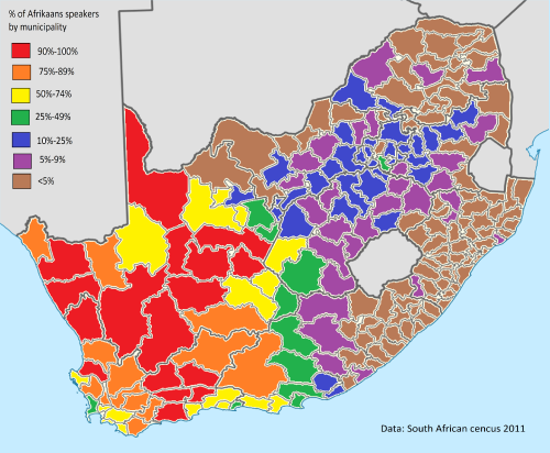 Percentage of Afrikaans Speakers South Africa by Municipality, 2011.
