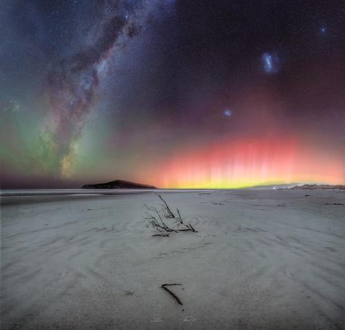 amazinglybeautifulphotography:  The Milky Way rising over Taieri Mouth, NZ during the dance of the Aurora Australis [2160 x 2063][OC] - Author: chaka160 on reddit
