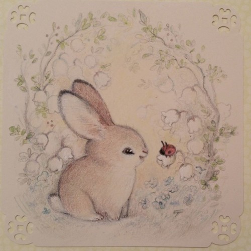 heathersketcheroos: You’re a pretty lady ♡ #bunny #ladybug #prismacolor #acrylic #charcoal #et