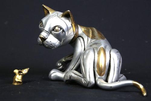  Frank Meisler (1929-2018) — Cat and Mouse  (sculpture; silver & gold plated cast metal, ca. 198