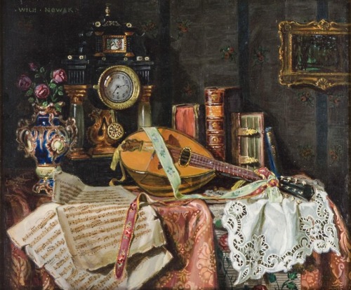 Still life with mandolin and mantel clockWilli Nowak (Czech, 1886–1977)