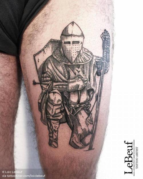 By Loïc LeBeuf, done in Carouge. http://ttoo.co/p/36188 big;blackwork;engraving;facebook;knight;loiclebeuf;other;thigh;twitter;warrior
