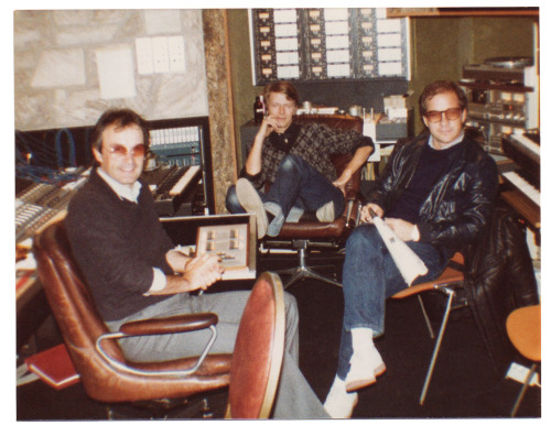 bazaardotco:Giorgio Moroder with Paul Schrader and David Bowie at Mountain Studio in Montreux, Switz