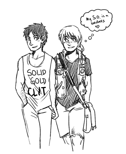 callmekitto:  Blame Donnie and Blythe, respectively: “Eren wears this out in public and Armin alternates between “my SO is a badass” and “Jesus Christ Eren there’s kids here” Shingeki no queer punk au is becoming an issue for my headspaces