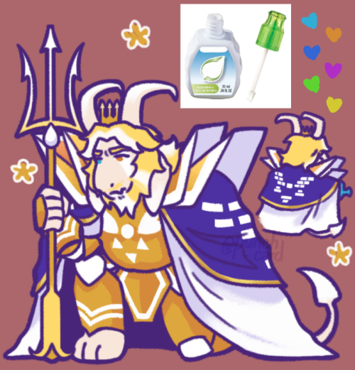 A digital drawing of Asgore (Undertale) with white markings over his eyes, horns, and tail. His yellow beard also has streaks of white. His armor has white accents and his cape has a longer white under cape, while the cape over it is purple with gold trimmings, and correction tape forming a Delta Rune. His trident points form the shape of a correction fluid brush, as does his crown. A side doodle depicts him turned around and watering flowers, showing the back of his cape. Golden flowers outlined in white and the six human souls are around him.