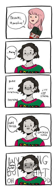 hwmills:  happy holigays!! ! ! spreading some christmas queer!!! am i right!!! this is an old comic idea and its rushed but im ok w this! i hope you all are also! marceline is garbage at dealing with crushes but thats ok so am i!!  have a good holiday,