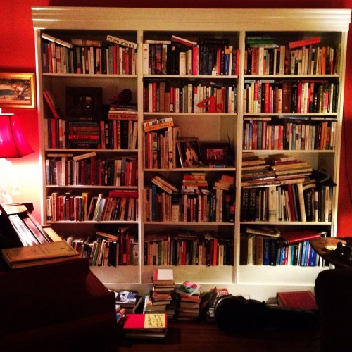 All of my bookshelves are beginning to look like this one. Happily heaving.