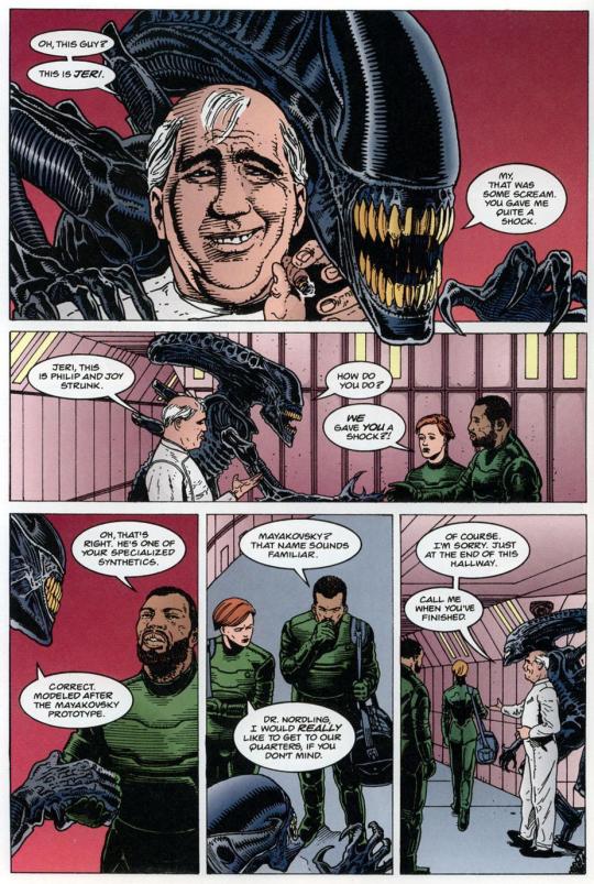 squid-in-a-party-hat:  grislyteeth:  im just lookin at more pages from Aliens: Stronghold (illustrated by doug mahkne)  I LOVE FRIEND ALIEN