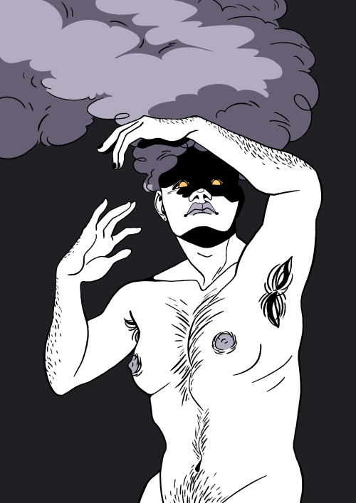 Day 2: SmokeBody hair my beloved(ID under the cut)[ID:An art piece of a naked figure of a trans man 