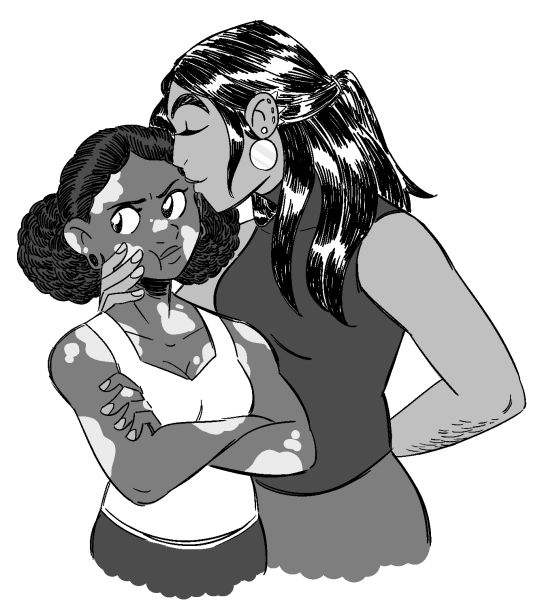 a greyscale digital drawing of a tan taller woman with long straight black hair (Jackal) kissing the forehead of a shorter woman with darker skin and vitiligo and her curly hair tied back into two large fluffy buns (Wild Dog). The Jackal is wearing a dark halter top and has many piercings in her ears along with dangling earrings. The Wild Dog is wearing a white tank top and has stretched lobes with gauges in them. Her arms are cross across her chest while Jackal has a hand to Wild Dog’s cheek to better pull her in for a kiss.