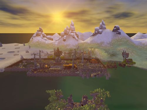 Complete side-on, bird&rsquo;s eye view of Haven City from Jak II.